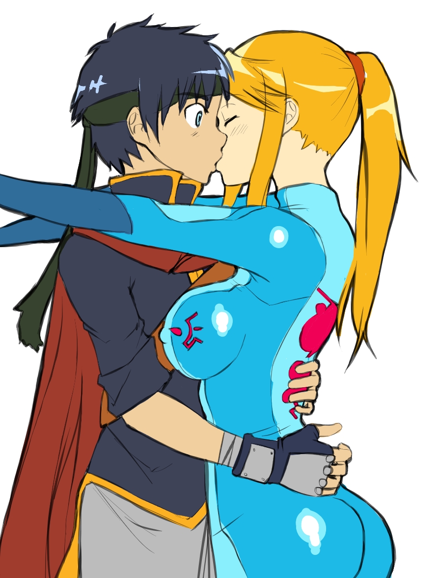1girl ass blonde_hair blue_hair bodysuit breasts cape closed_eyes commentary corn_syrup covered_nipples crossover fingerless_gloves fire_emblem gloves headband hetero ike kiss large_breasts metroid ponytail samus_aran simple_background skin_tight super_smash_bros. white_background wide-eyed zero_suit