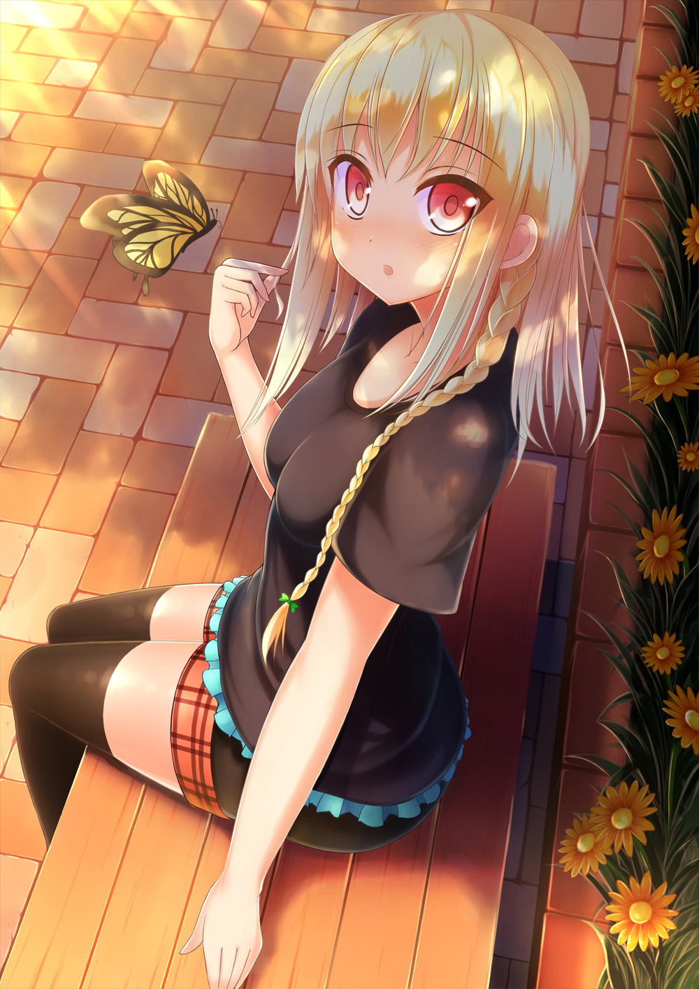 :o alternate_costume bench black_legwear blonde_hair blush braid breasts bug butterfly casual contemporary flower hair_twirling highres insect kirisame_marisa long_hair looking_at_viewer medium_breasts netarou no_hat no_headwear open_mouth red_eyes shirt shorts side_braid sitting solo t-shirt thighhighs touhou
