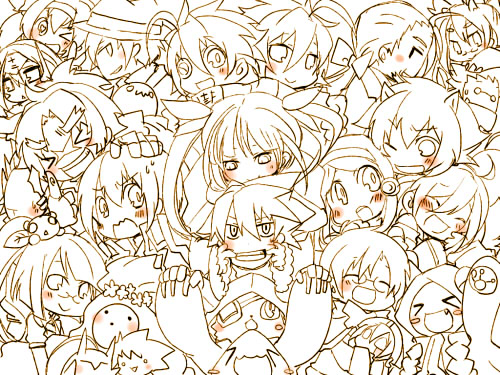 6+girls ahoge animal_ears animal_hood arakune bad_id bad_pixiv_id blazblue blush carl_clover cat_hood chibi dead_spike doll everyone eyepatch glasses hakumen hazama hood iron_tager jubei_(blazblue) kokonoe kuro_yuzu lambda-11 litchi_faye_ling lowres makoto_nanaya monochrome mu-12 multiple_boys multiple_girls nirvana noel_vermillion nu-13 platinum_the_trinity rachel_alucard ragna_the_bloodedge shishigami_bang taokaka tsubaki_yayoi valkenhayn_r_hellsing