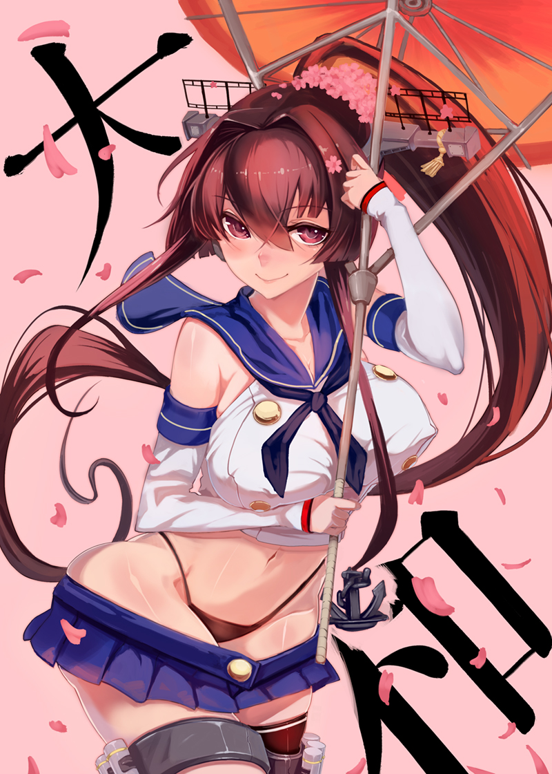 black_panties breasts brown_hair cherry_blossoms cosplay elbow_gloves gloves hair_ornament kantai_collection large_breasts long_hair mantarou oriental_umbrella panties ponytail shimakaze_(kantai_collection) shimakaze_(kantai_collection)_(cosplay) solo striped striped_legwear thighhighs umbrella underwear yamato_(kantai_collection)