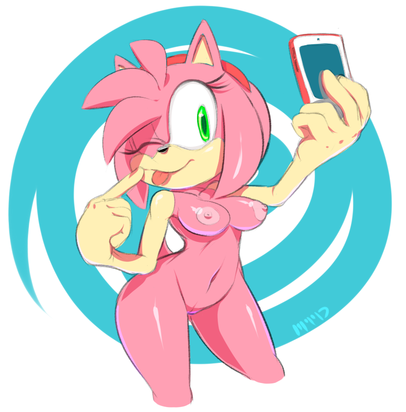 amy_rose anthro areola big_breasts breasts cellphone erect_nipples female green_eyes hair hedgehog mammal marthedog navel nipples nude one_eye_closed phone pink_hair pussy sega self_shot selfie smile solo sonic_(series) tongue tongue_out