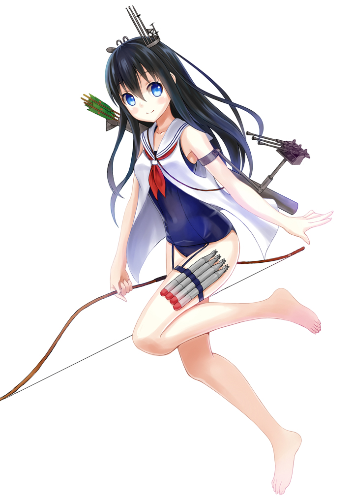 barefoot black_hair blue_eyes bow_(weapon) full_body i-400_(submarine) kantai_collection long_hair one-piece_swimsuit original school_swimsuit setona_(daice) simple_background solo swimsuit weapon white_background