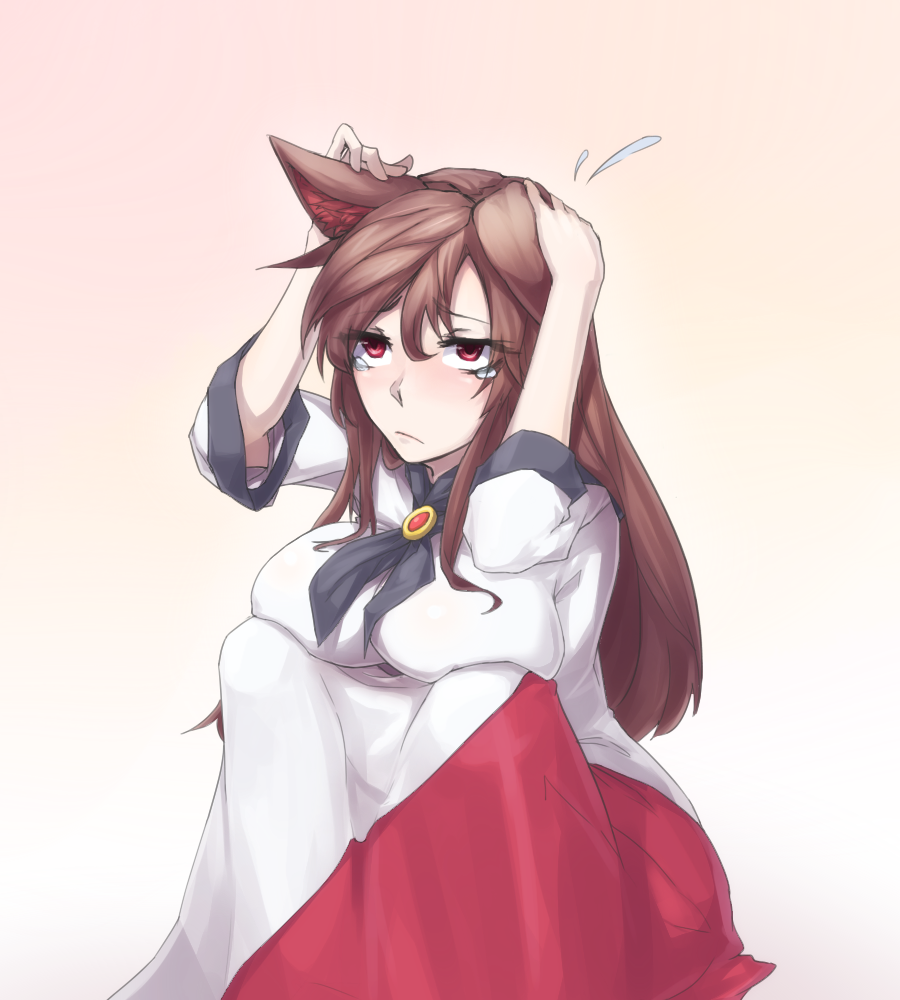 animal_ears breasts brooch brown_hair cowering dress flying_sweatdrops frown imaizumi_kagerou jewelry large_breasts ldl_(bcw1025) long_hair red_eyes skirt solo sweatdrop tears touhou wide_sleeves wolf_ears