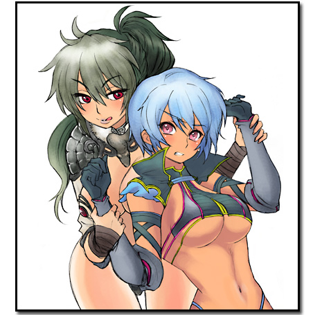 2girls :q armor artist_request blue_hair blush breasts clenched_teeth echidna green_hair grey_hair hobby_japan irma licking_lips lip_licking long_hair lost_worlds lowres multicolored_hair multiple_girls navel pink_eyes ponytail queen's_blade queen's_blade red_eyes short_hair teeth tongue tongue_out two-tone_hair underboob wrist_grab yuri