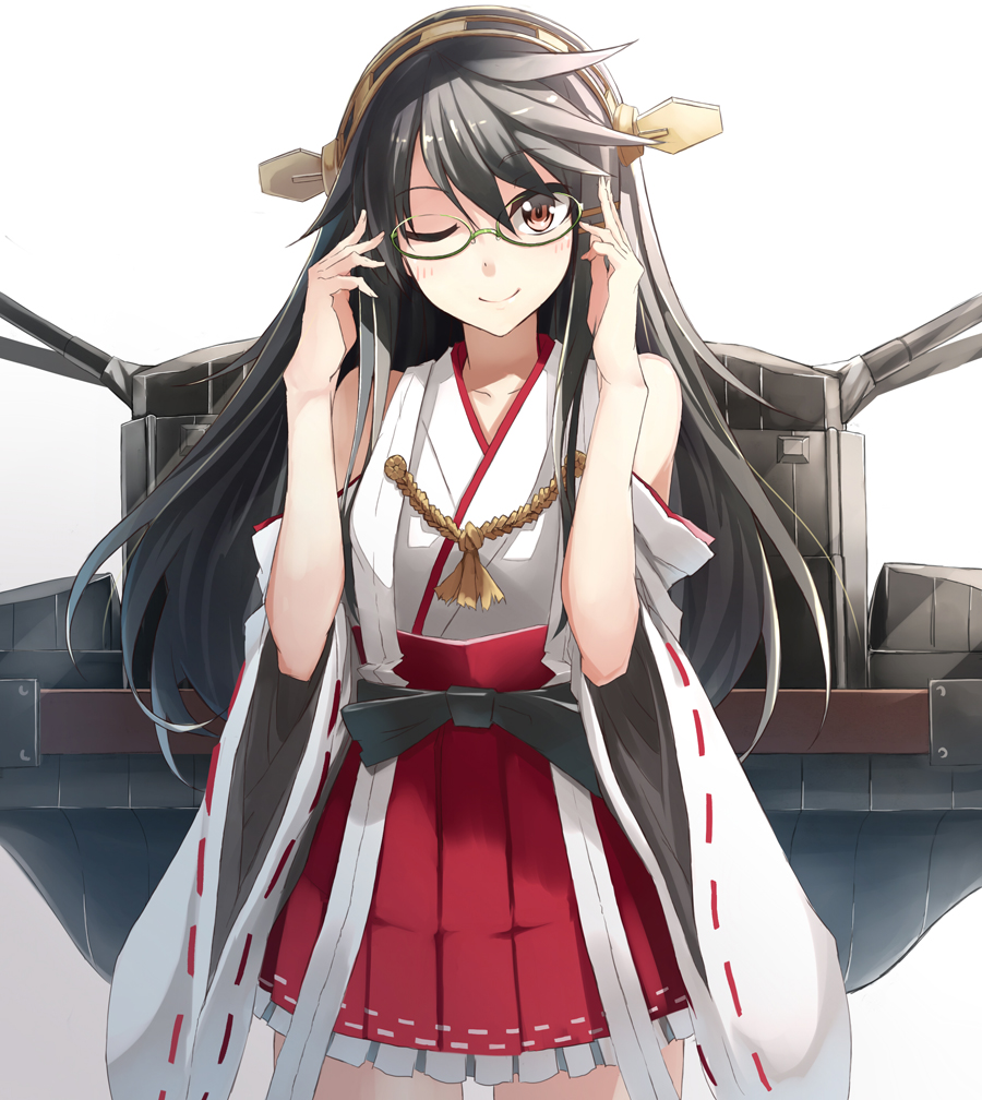 ;) bare_shoulders bespectacled black_hair blush brown_eyes closed_mouth detached_sleeves frilled_skirt frills glasses hairband haruna_(kantai_collection) japanese_clothes kantai_collection long_hair looking_at_viewer miko one_eye_closed ribbon-trimmed_sleeves ribbon_trim skirt smile solo wide_sleeves yashiro_(silver_will)