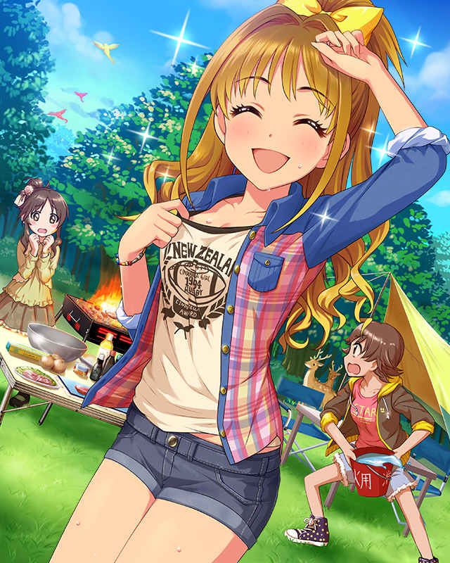 :d ^_^ animal artist_request bow brown_hair camping chair closed_eyes clothes_writing day deer denim denim_shorts english folding_chair forest grass grill hino_akane_(idolmaster) honda_mio hood hooded_jacket hoodie idolmaster idolmaster_cinderella_girls jacket jpeg_artifacts multiple_girls nature official_art open_clothes open_hoodie open_mouth outdoors plaid plaid_shirt positive_passion shirt shoes shorts sleeves_rolled_up smile sweat takamori_aiko tent tree wavy_mouth yellow_bow