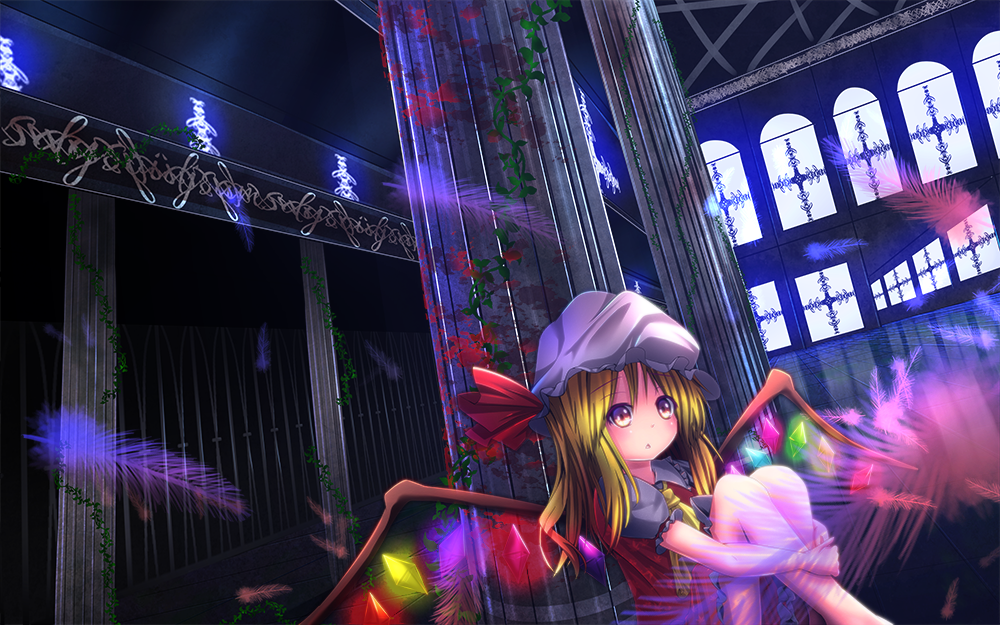 alternate_eye_color alternate_hair_length alternate_hairstyle ascot bad_id bad_pixiv_id bare_legs blonde_hair blood blood_splatter dutch_angle feathers flandre_scarlet hat hat_ribbon indoors kagayannu leg_hug long_hair looking_at_viewer mob_cap pillar plant puffy_short_sleeves puffy_sleeves ribbon short_sleeves sitting skirt skirt_set solo touhou triangle_mouth vines window wings yellow_eyes