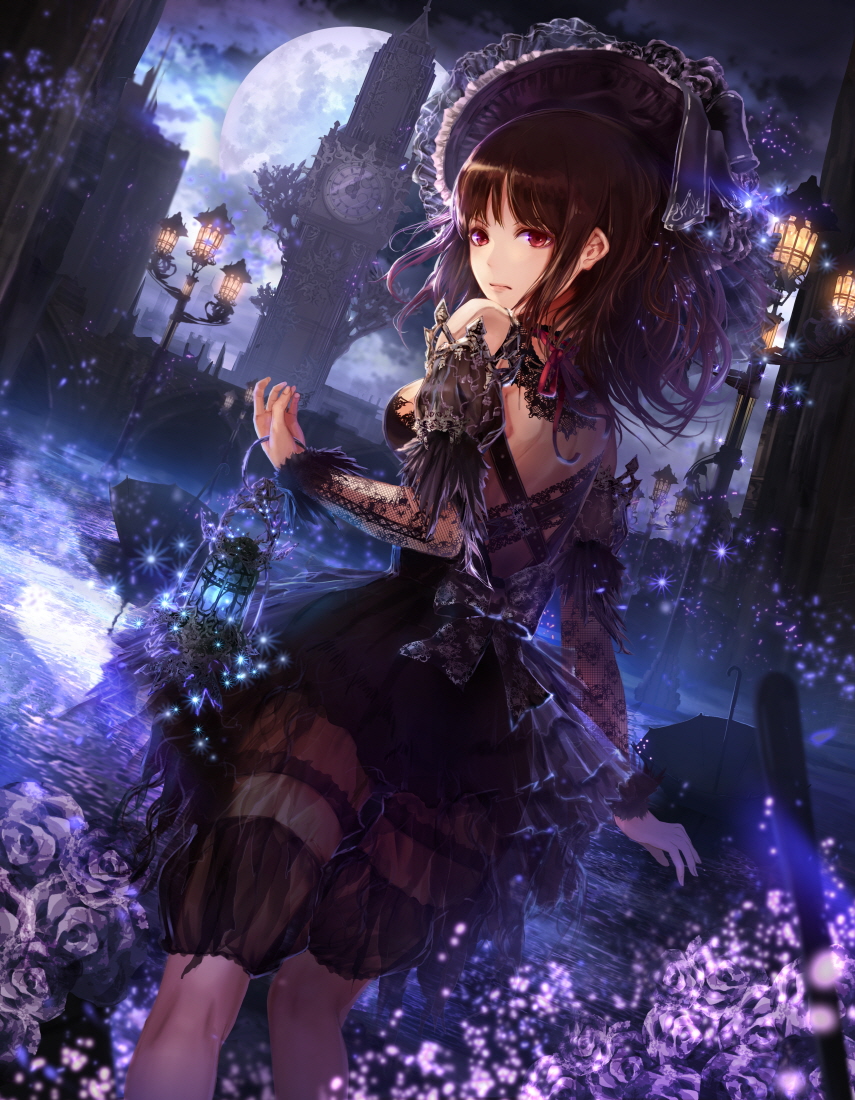 bonnet bow brown_eyes brown_hair clock clock_tower dress frilled_dress frills garters hat jname kneepits lace lamppost lantern light_particles looking_back moon night original see-through tower umbrella