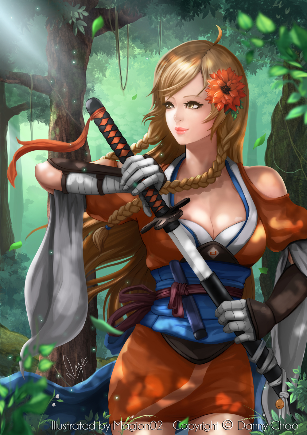 ahoge artist_name bad_id bad_pixiv_id bare_shoulders blonde_hair braid breasts brown_eyes cleavage cowboy_shot culture_japan flower hair_flower hair_ornament highres katana large_breasts light_smile lips looking_at_viewer magion02 signature solo sword twin_braids weapon