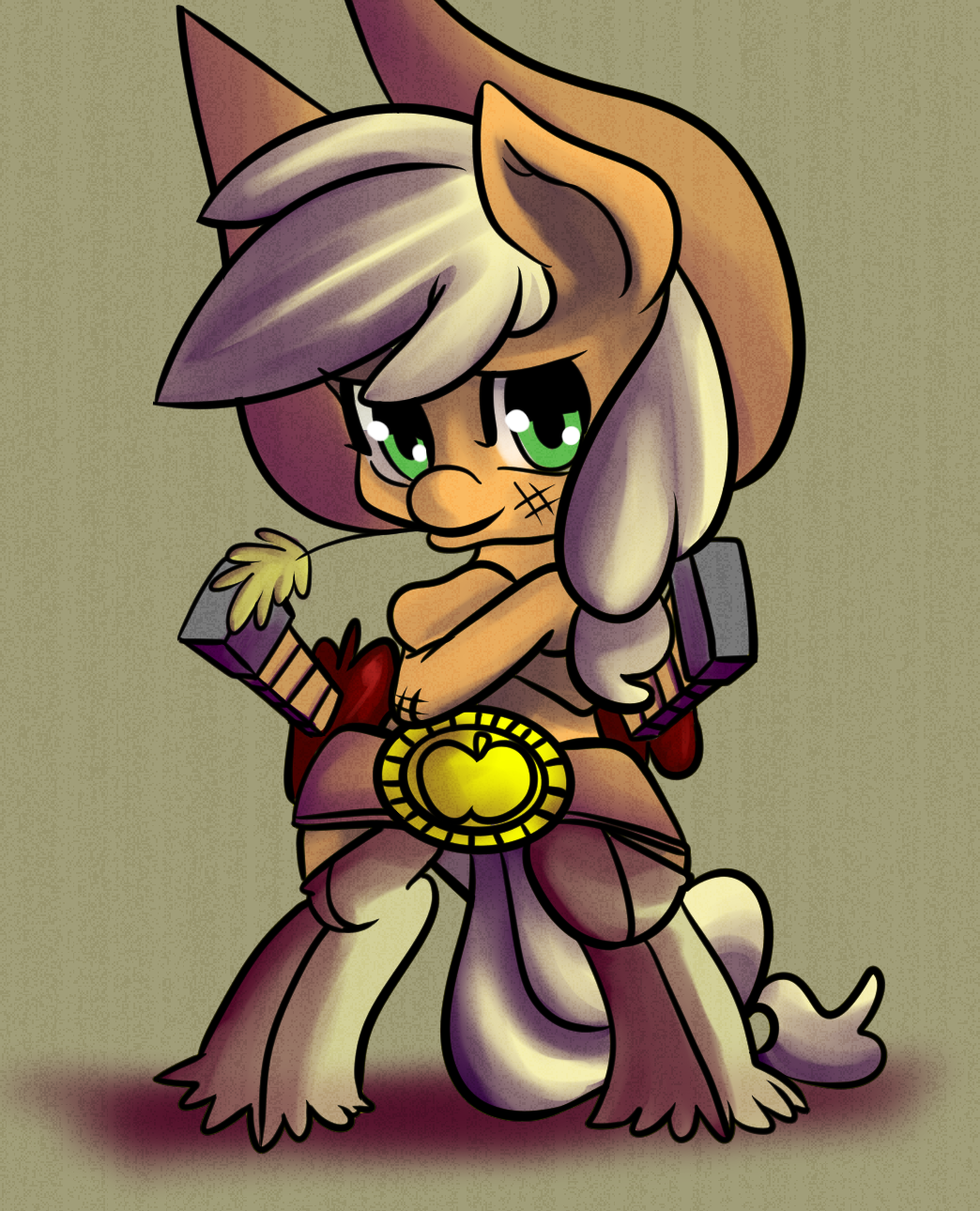 applejack_(mlp) belt blonde_hair clothing cowboy_hat crossed_arms equine fauxsquared female feral friendship_is_magic fruit fur green_eyes hair hat hay horse looking_at_viewer mammal my_little_pony orange_fur pants plain_background pony pose smile solo standing sword weapon