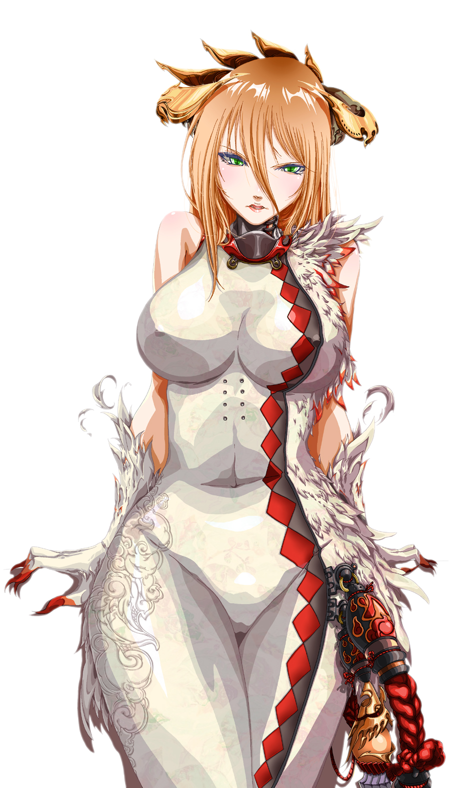 bad_id bad_pixiv_id bare_shoulders blade_&amp;_soul breasts brown_hair claws covered_nipples dress green_eyes highres horns large_breasts long_hair looking_at_viewer rantia simple_background solo thighs white_background white_dress wide_hips
