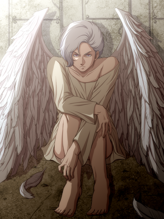 angel angelo_sauper barefoot cabbage666 gundam gundam_unicorn male_focus purple_eyes robe silver_hair solo wings