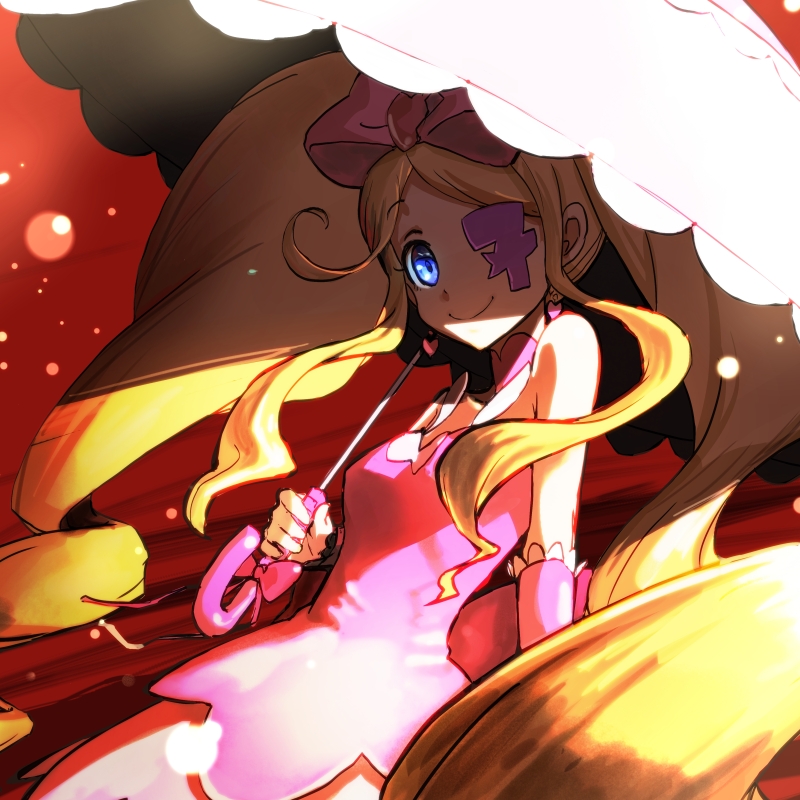 big_hair blonde_hair blue_eyes bow dress earrings eyepatch hair_bow harime_nui holysnow jewelry kill_la_kill long_hair parasol pink_bow shaded_face smile solo strapless strapless_dress umbrella