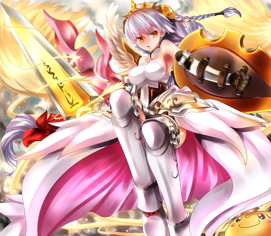 armor bare_shoulders breasts greaves hairband large_breasts light_valkyrie_(p&amp;d) long_hair nagare orange_eyes puzzle_&amp;_dragons shield shynee_(p&amp;d) silver_hair solo sword valkyrie_(p&amp;d) weapon