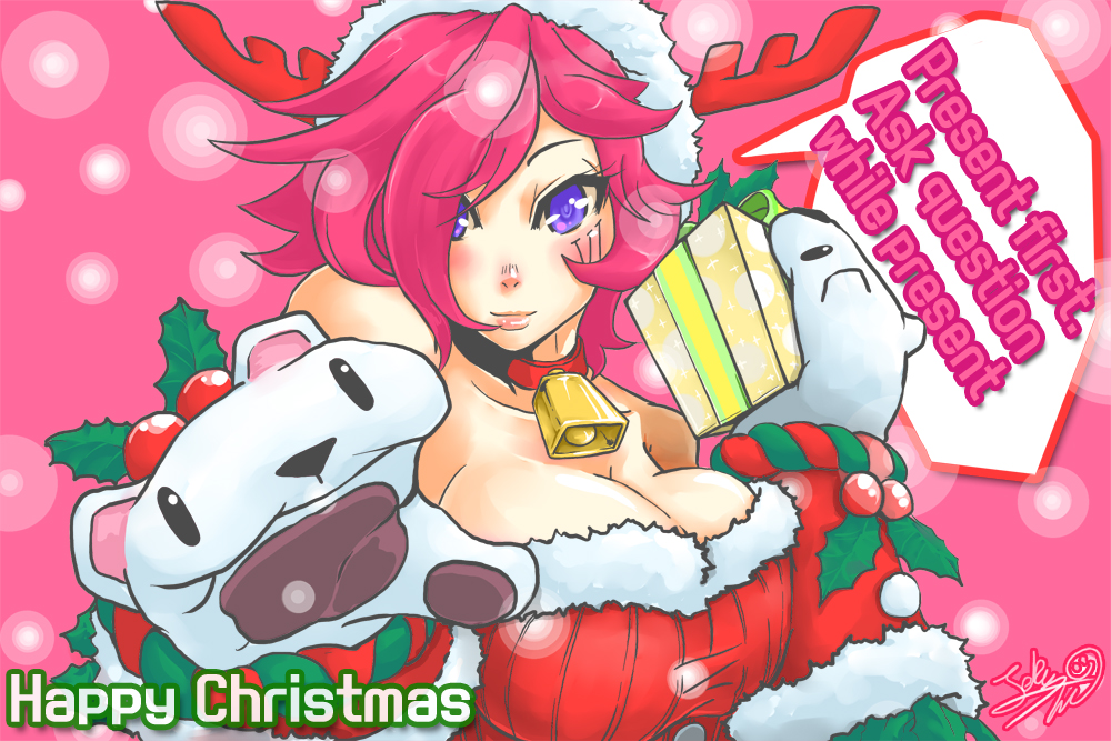 alternate_costume antlers bare_shoulders bell bell_collar breasts christmas cleavage collar engrish gift gloves hat large_breasts league_of_legends light_smile lips pink_hair purple_eyes ranguage reindeer_antlers santa_hat short_hair signature solo trombe vi_(league_of_legends)