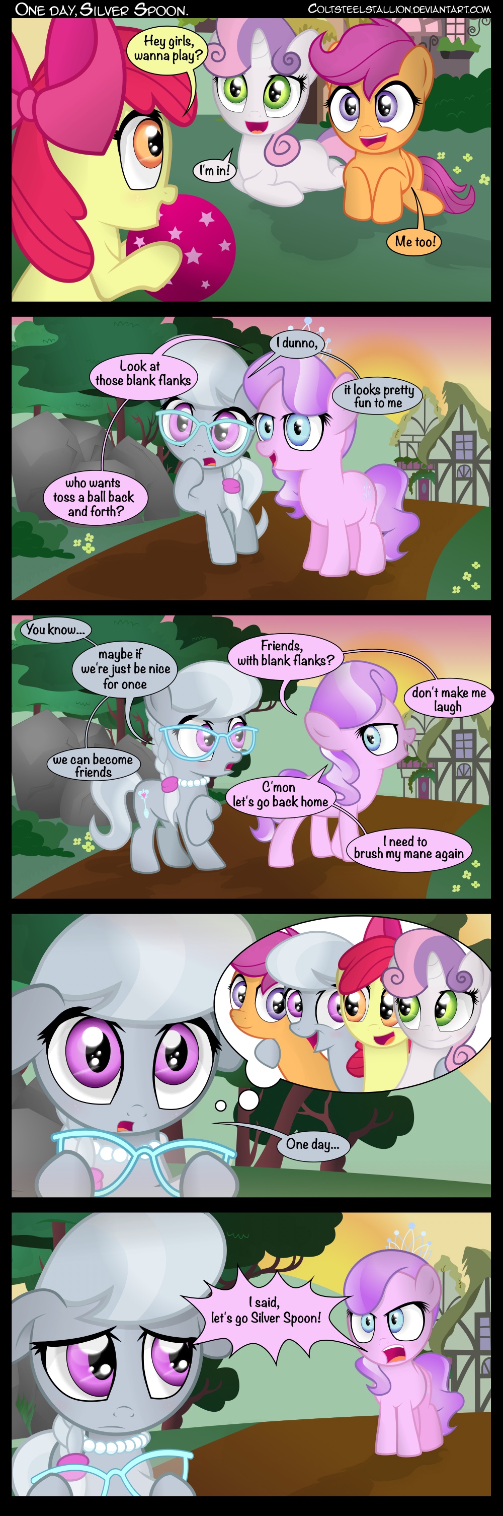 amber_eyes apple_bloom_(mlp) blue_eyes bow bush coltsteelstallion comic cutie_mark_crusaders_(mlp) dialog diamond_tiara_(mlp) english_text equine eyewear female friendship_is_magic glasses grass green_eyes grey_hair hair horn horse house mammal my_little_pony necklace outside path pearl_necklace pegasus pink_hair pony purple_eyes purple_hair red_hair rock scootaloo_(mlp) silver_spoon_(mlp) sky sun sunset sweetie_belle_(mlp) text tiara tree two_tone_hair unicorn white_hair wings