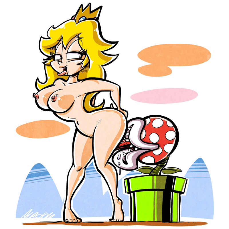 albo arms_behind_back barefoot bestiality blonde_hair breasts crown cunnilingus eyelashes feet flipped_hair gem half-closed_eyes happy_sex huge_nipples large_breasts leaning_forward long_hair mario_(series) naughty_face navel nipples nude open_mouth oral piranha_plant polka_dot princess_peach saliva sharp_teeth signature solo standing super_mario_bros. teeth thick_thighs thighs tongue tongue_out warp_pipe wavy_hair
