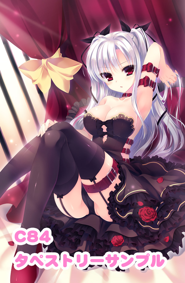 arm_belt bare_shoulders black_panties blush bow breasts cleavage collar crossed_legs curtains dress flower garter_straps hair_bow large_breasts long_hair original panties red_eyes rose rubi-sama shoes sitting thigh_strap thighhighs two_side_up underwear white_hair