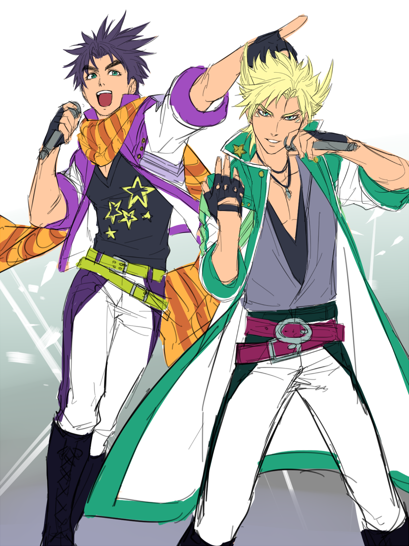 2boys :d battle_tendency black_gloves blonde_hair blue_eyes boots caesar_anthonio_zeppeli fingerless_gloves gloves hands_up holding holding_microphone jacket jewelry jojo_no_kimyou_na_bouken joseph_joestar_(young) kotatsu_(g-rough) male_focus microphone multiple_boys necklace open_clothes open_jacket open_mouth pants pointing purple_hair scarf short_sleeves sketch smile striped striped_scarf white_jacket white_pants