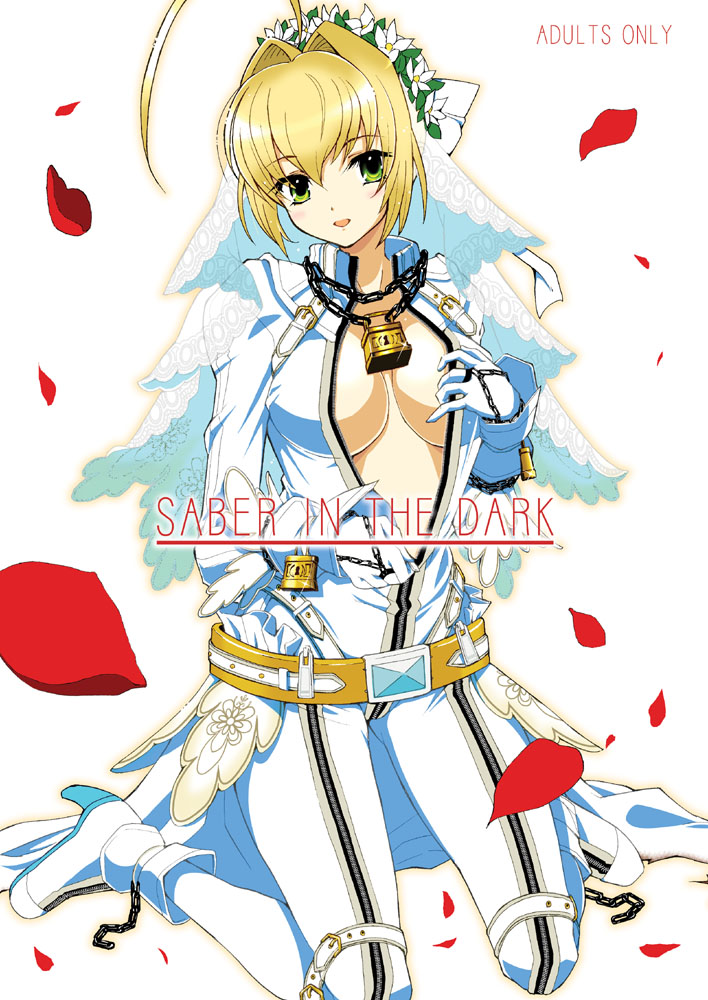 ahoge blackheart blonde_hair bodysuit breasts center_opening chain cleavage fate/extra fate/extra_ccc fate_(series) flower green_eyes hair_intakes kneeling large_breasts lock nero_claudius_(bride)_(fate) nero_claudius_(fate)_(all) padlock petals solo veil