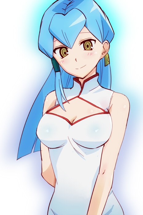 bare_shoulders blue_hair blush breasts cardfight!!_vanguard cleavage_cutout earrings gillian_chen jewelry long_hair looking_at_viewer medium_breasts oda_koziki simple_background smile solo white_background