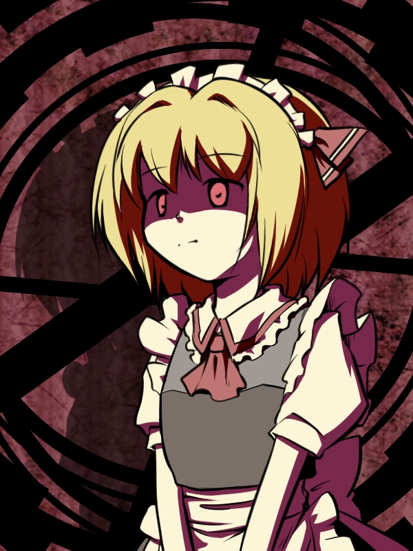 alternate_costume apron ascot blonde_hair futatsuki_hisame hair_ribbon maid maid_apron maid_headdress puffy_sleeves red_eyes ribbon rumia shaded_face shadow short_hair short_sleeves touhou