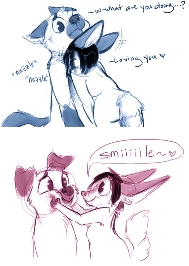 anthro canine dog duo mammal nuzzle paws_on_cheeks smile spam_cat spamcat unknown_artist