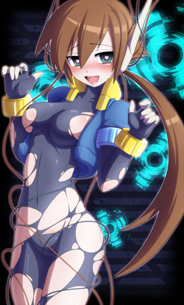 aile blue_eyes blush bodysuit brown_hair covered_navel cropped_jacket headset heart heart-shaped_pupils ponytail rockman rockman_zx rockman_zx_advent semikichi solo symbol-shaped_pupils torn_clothes