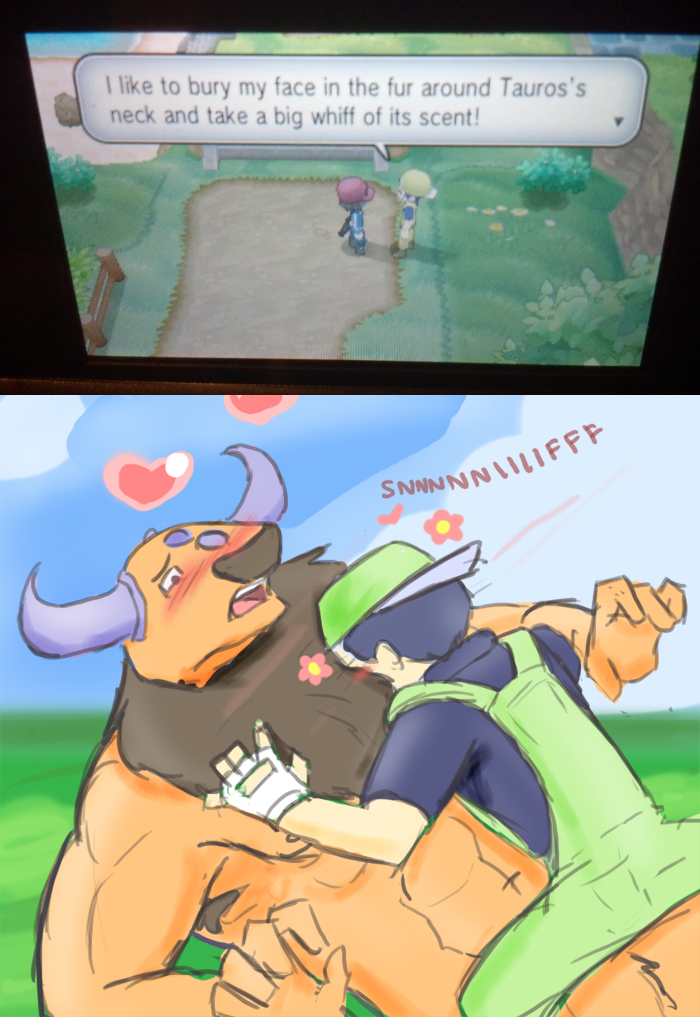 &lt;3 anthro anthrofied blush bovine cattle coveralls fingerless_gloves flower gay gloves hat horn human humor interspecies lupinrager male mammal muscles nintendo nude open_mouth outside overalls pok&#233;mon pok&#233;philia pok&eacute;mon pok&eacute;philia pokemon_breeder screencap size_difference sniffing tauros video_games
