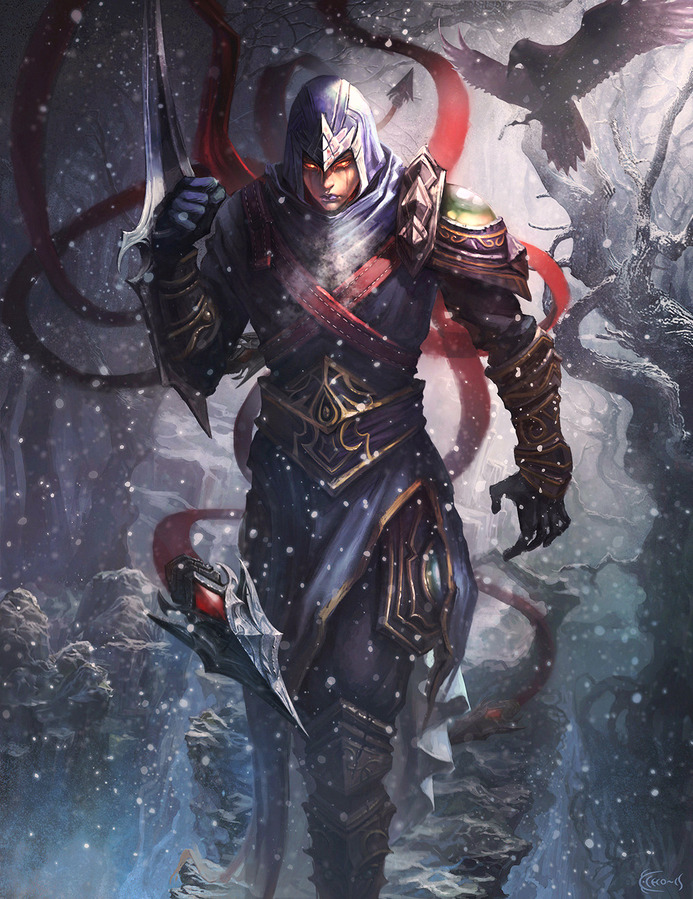 animal arm_blade armor artist_name belt bird cloak crow echo-cs flying greaves hood hooded_cloak league_of_legends looking_at_viewer male_focus outdoors red_eyes shoulder_pads snowing solo standing talon_(league_of_legends) tree weapon wings