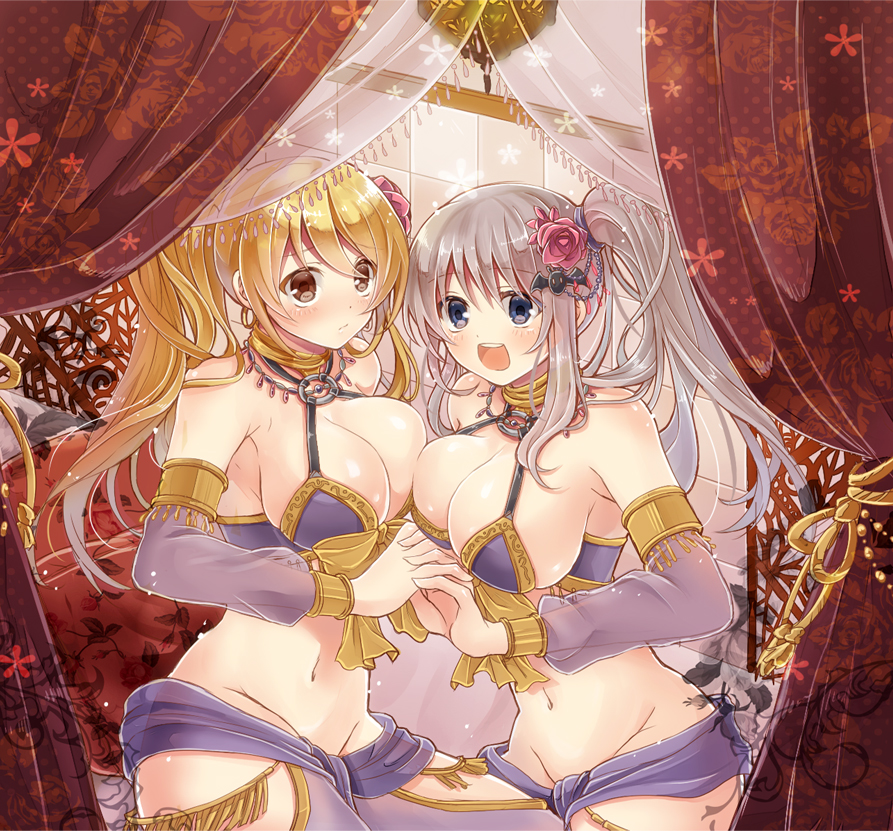 alternate_breast_size alternate_costume armlet asymmetrical_docking bare_shoulders bat_hair_ornament blonde_hair blue_eyes blush bracelet breast_press breasts brown_eyes cleavage cosplay crossover curtains detached_sleeves flower groin hair_flower hair_ornament himeria himeria_(cosplay) holding_hands interlocked_fingers jewelry large_breasts little_busters! long_hair midriff multiple_girls navel neck_ring noumi_kudryavka open_mouth ribbon see-through serino_itsuki shiny shiny_skin side_ponytail silver_hair skindentation tassel unlimited_hearts