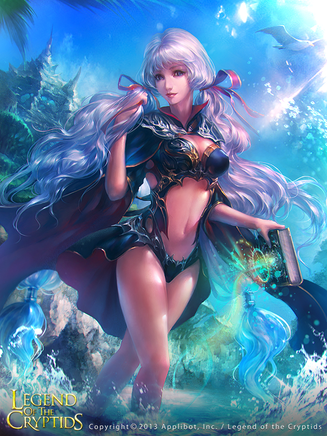 ando bird blue_eyes blue_hair book breasts cape cleavage legend_of_the_cryptids long_hair medium_breasts midriff smile sunlight thighs twintails