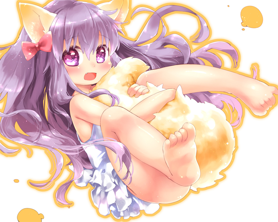 :d animal_ears bad_id bad_pixiv_id bare_legs barefoot blush bow dress eyebrows_visible_through_hair fang feet fox_ears fox_tail hair_bow long_hair looking_at_viewer lying mutou_mato on_back open_mouth original purple_eyes purple_hair smile solo tail tail_censor tail_hug white_dress