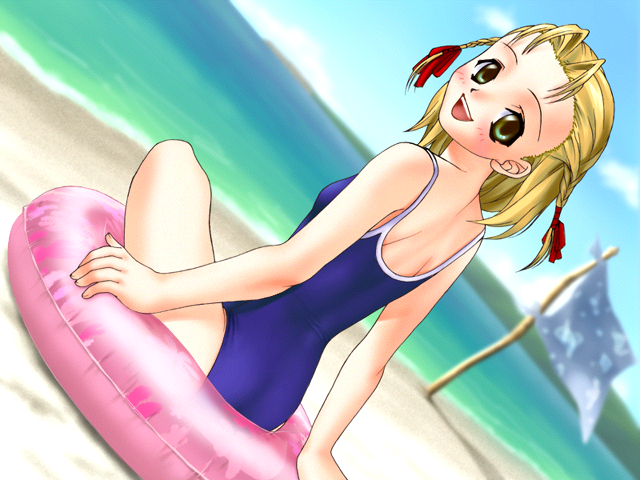 1girl adachi_rika beach blonde_hair blush game_cg green_eyes innertube joy_ride libido looking_at_viewer looking_back one-piece_swimsuit outdoors pinup_girls short_hair sky small_breasts smile solo swimsuit water
