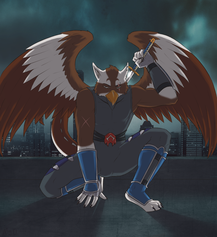 anthro assassin avian beak biceps city claws clothing dragon feathers grey_eyes gryphon hybrid kneeling looking_at_viewer male msobscure muscles night night_sky pose roof scar shadowsky shiny solo sword weapon wings