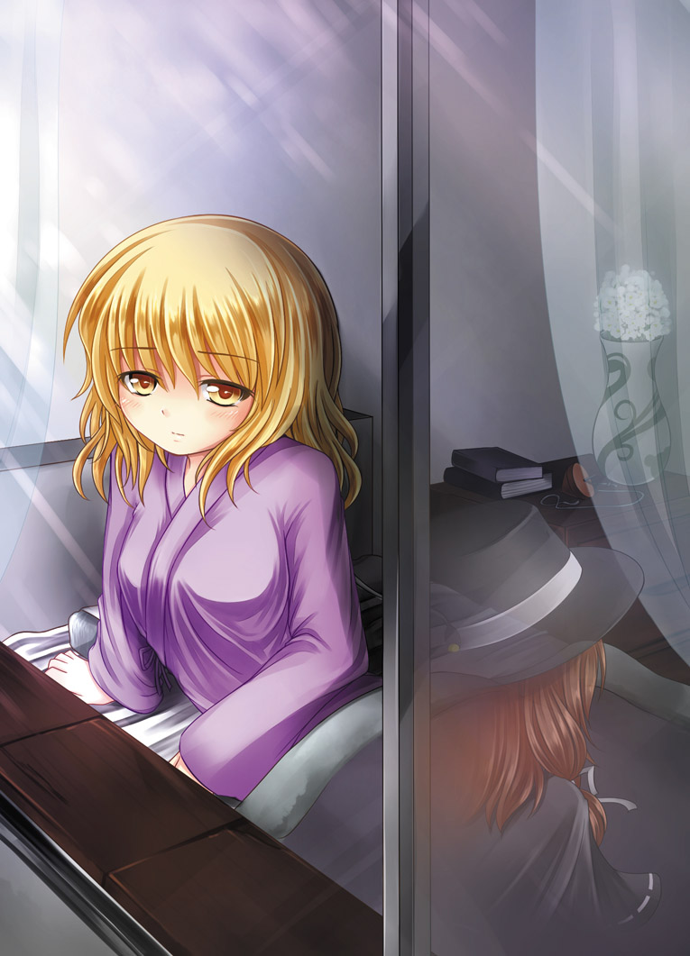 alternate_costume arm_support bad_id bad_pixiv_id bed blonde_hair book bouquet brown_hair cape curtains flower from_behind hair_ribbon hat hat_ribbon indoors light_frown looking_at_viewer looking_out_window maribel_hearn multiple_girls open_window ribbon sidelocks spinning_top touhou transparent uminoyama under_covers usami_renko vase window yellow_eyes