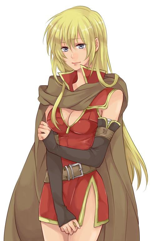 artist_request belt blonde_hair breasts cape cleavage elbow_gloves fire_emblem fire_emblem:_fuuin_no_tsurugi gloves grey_eyes igrene long_hair medium_breasts solo source_request
