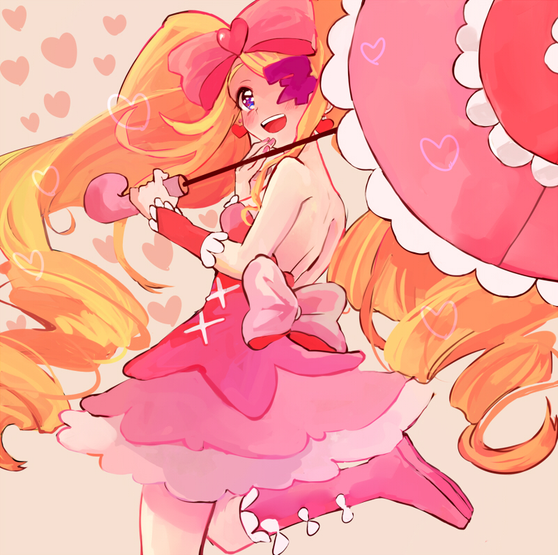 big_hair blonde_hair boots bow dress drill_hair eyepatch hair_bow harime_nui heart kill_la_kill long_hair machi_(qicca) parasol pink_bow pink_dress pink_footwear smile solo strapless strapless_dress twin_drills twintails umbrella