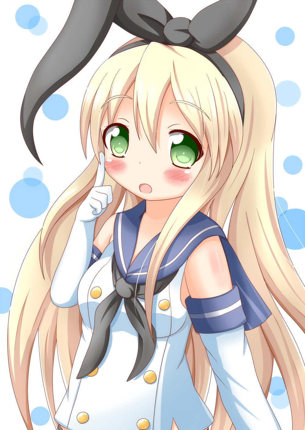 blonde_hair blush elbow_gloves gloves green_eyes hairband highres kantai_collection long_hair looking_at_viewer open_mouth shimakaze_(kantai_collection) solo white_gloves zenon_(for_achieve)