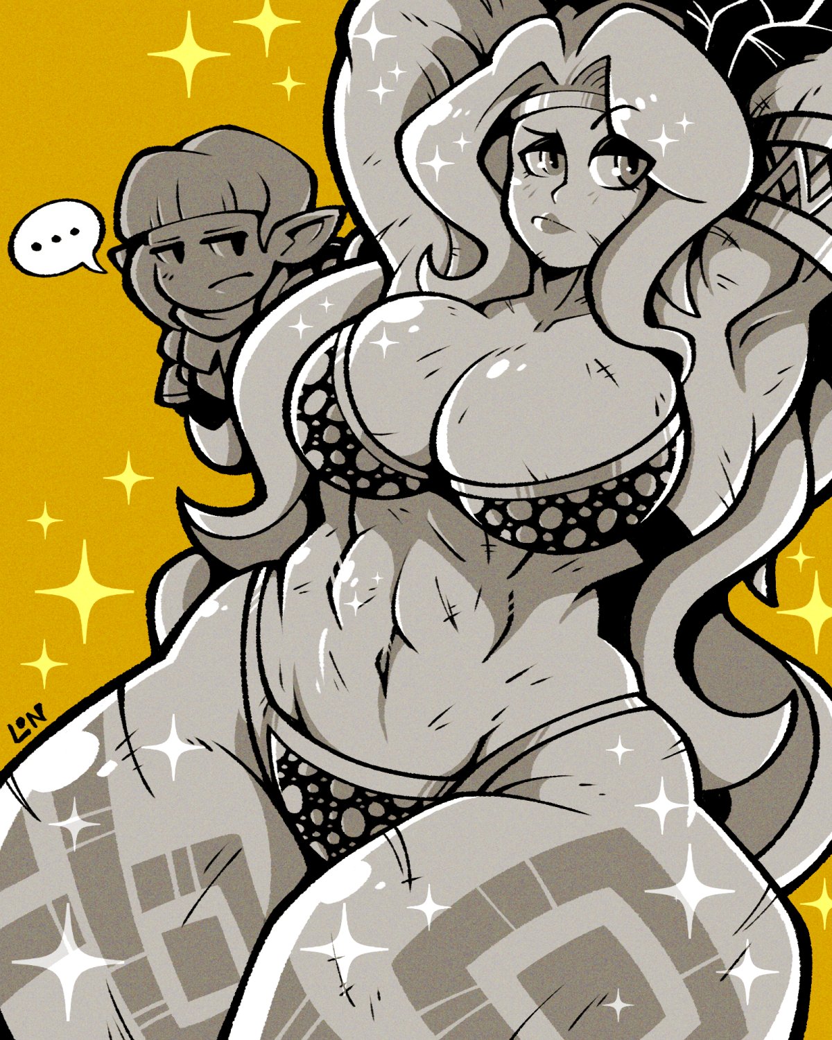 ... 2girls abs amazon_(dragon's_crown) arm_up armpits breasts cleavage crown curvy dragon dragon's_crown elf_(dragon's_crown) greyscale_with_colored_background highres large_breasts legendofnerd long_hair looking_at_viewer medium_hair multiple_girls muscular muscular_female navel pointy_ears scar speech_bubble thick_thighs thighs very_long_hair yellow_background