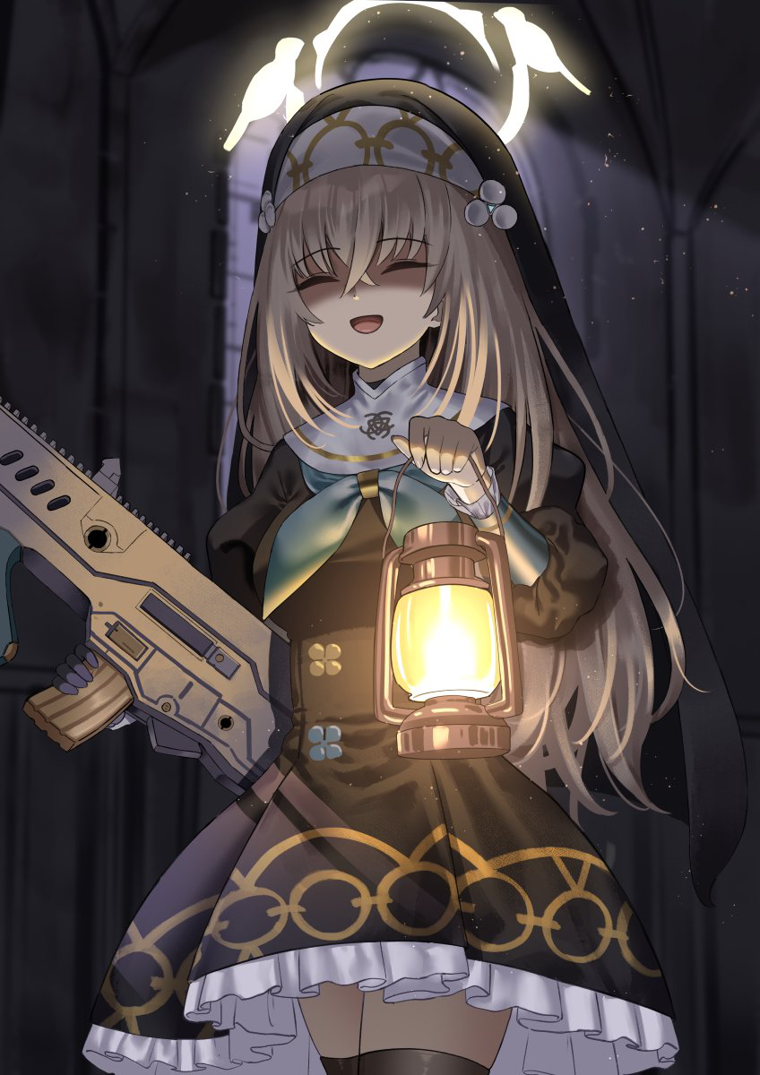 1girl black_headwear black_thighhighs blue_archive breasts closed_eyes coif commission cowboy_shot false_smile grey_hair gun habit hair_between_eyes halo highres holding holding_gun holding_lantern holding_weapon ine_(ineinnen) juliet_sleeves lantern large_breasts long_hair long_sleeves nun open_mouth pixiv_commission puffy_sleeves sakurako_(blue_archive) shaded_face smile solo thighhighs weapon yellow_halo