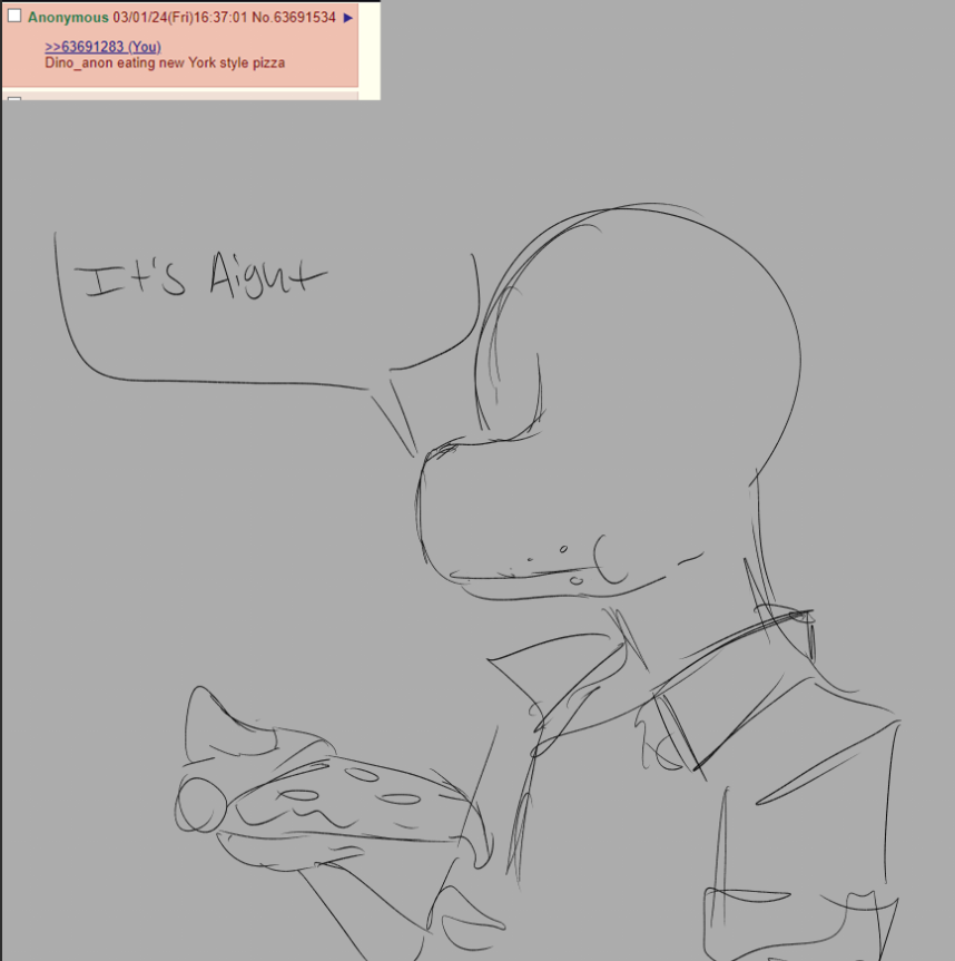 2024 4chan alternate_species anon_(snoot_game) anthro bald black_and_white cavemanon_studios clothing compsognathid compsognathus dialogue dinosaur eating eating_food english_text fingers food furrification jacket male monochrome pizza pizza_slice reptile scalie sketch snoot_game snout solo text theropod theumslayer topwear