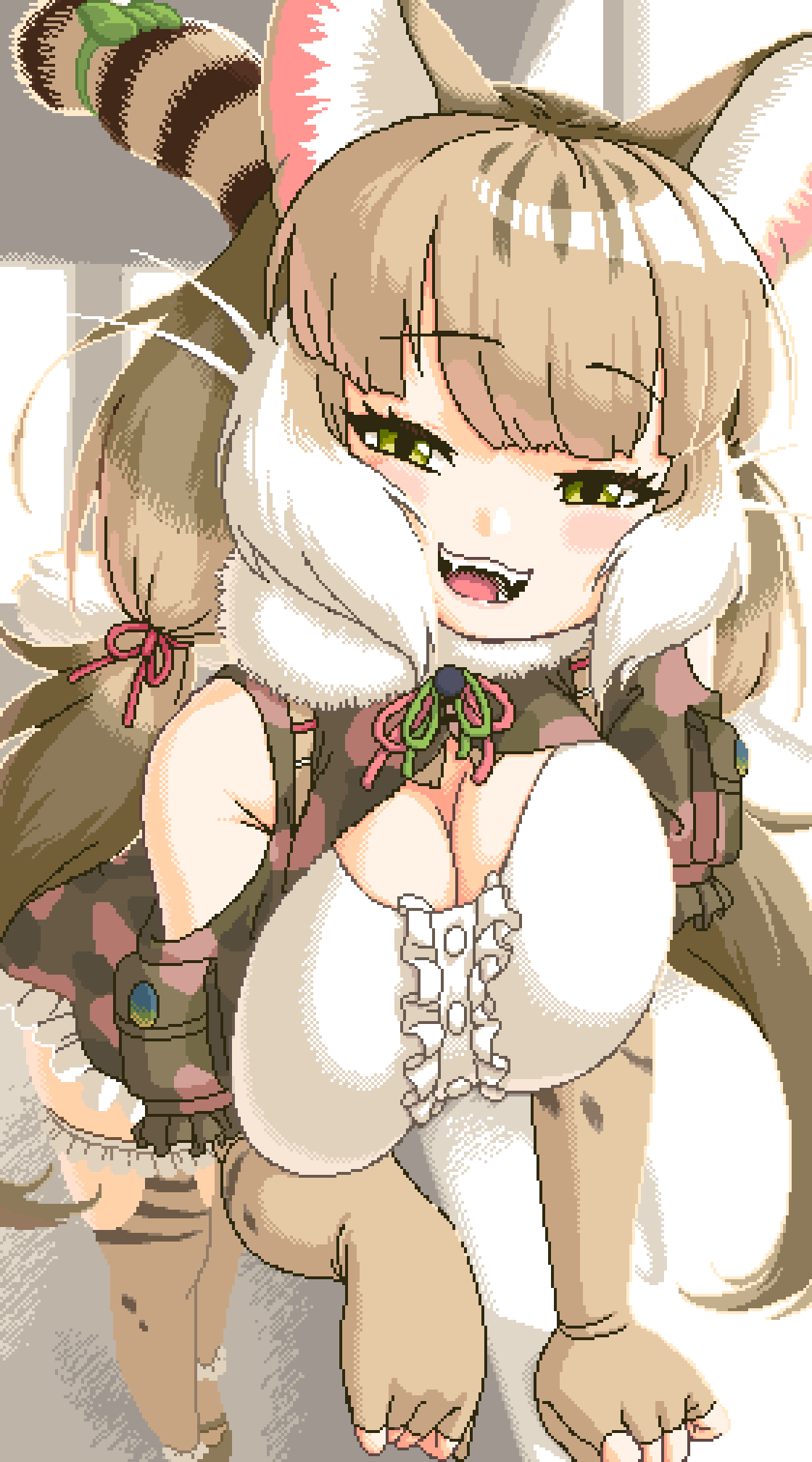 1girl animal_ear_fluff animal_ears animal_print arm_support bare_shoulders bent_over blush breasts breasts_squeezed_together brown_hair cat_ears cat_girl cat_tail center_frills cleavage clothing_cutout dress elbow_gloves fangs feet_out_of_frame frills fur_collar gloves green_eyes half-closed_eyes highres indoors jungle_cat_(kemono_friends) kemono_friends kemono_friends_v_project large_breasts light_brown_hair long_hair looking_at_viewer multicolored_hair open_mouth paw_pose pixel_art print_gloves print_thighhighs shoulder_cutout smile solo standing tail thighhighs twintails unaligned_breasts very_long_hair virtual_youtuber white_hair z4z45ni