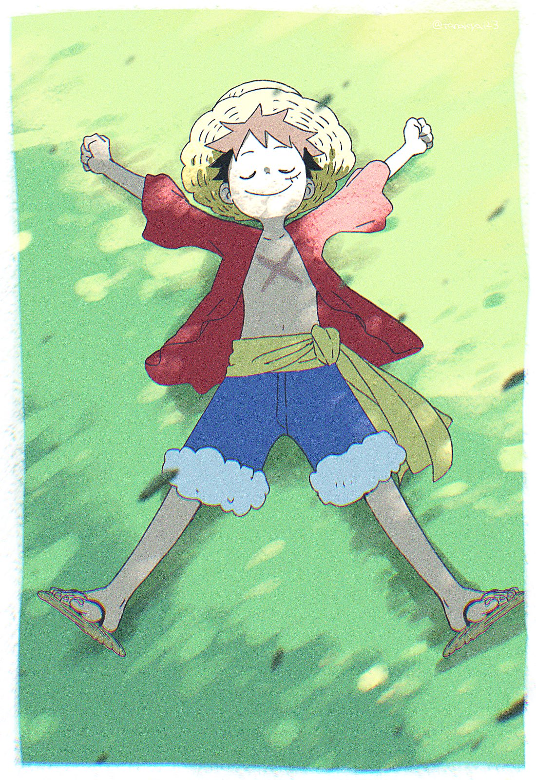1boy ^_^ arms_up black_hair blue_shorts closed_eyes closed_mouth commentary frilled_sleeves frills full_body hat highres lying male_focus monkey_d._luffy on_grass one_piece open_clothes open_shirt red_shirt sandals sash scar scar_on_chest scar_on_face shirt short_hair shorts smile solo straw_hat symbol-only_commentary tanaka_(tanakya123) yellow_sash