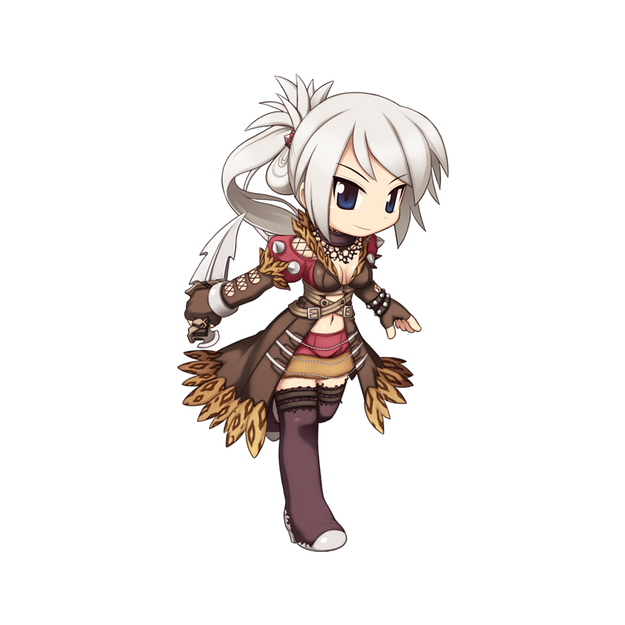 1girl animal_print black_eyes black_thighhighs breasts brown_coat brown_gloves chibi closed_mouth coat cross-laced_clothes cross-laced_gloves dagger elbow_gloves fingerless_gloves folded_ponytail full_body fur-trimmed_coat fur_trim gloves grey_hair high_heels high_ponytail holding holding_dagger holding_knife holding_weapon knife leopard_print long_hair looking_at_viewer miniskirt official_art ragnarok_online red_skirt reverse_grip running shadow_chaser_(ragnarok_online) simple_background skirt small_breasts smile solo tachi-e thighhighs transparent_background weapon yuichirou