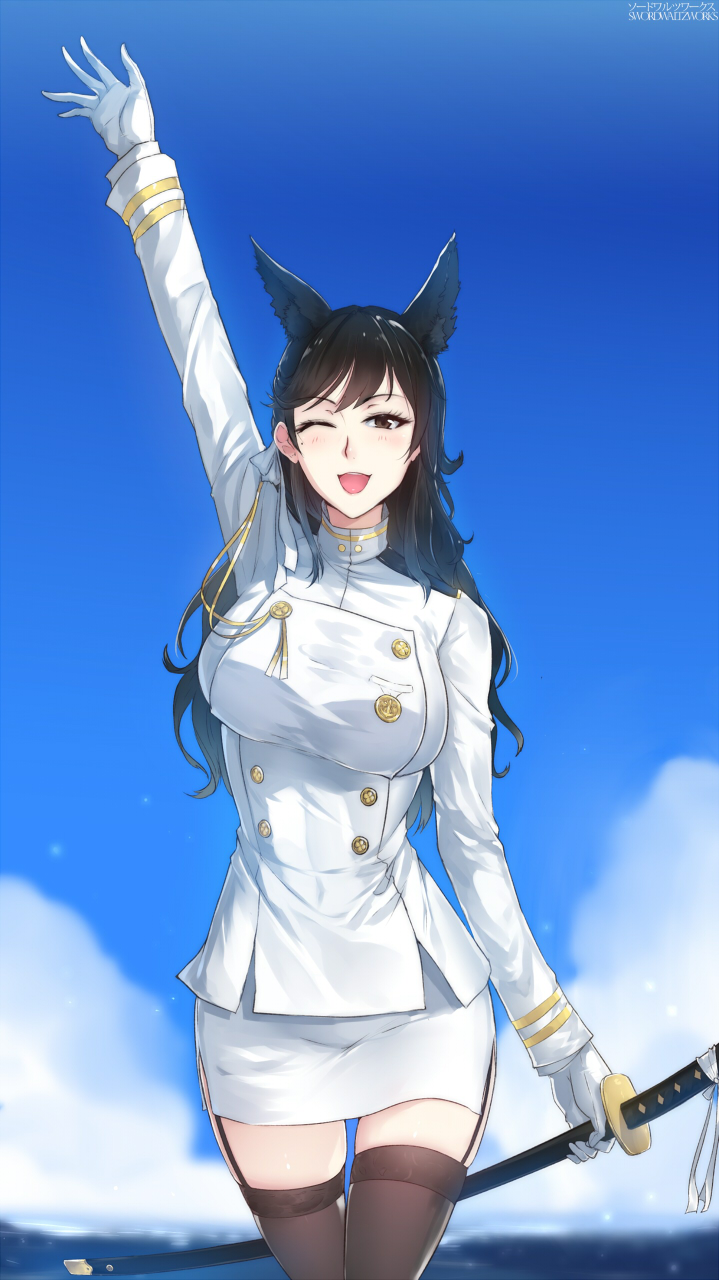 1girl animal_ears arm_up atago_(azur_lane) azur_lane black_hair black_thighhighs breasts cowboy_shot dog_ears extra_ears garter_straps gloves highres holding holding_sword holding_weapon large_breasts long_hair looking_at_viewer military_uniform mole mole_under_eye ocean one_eye_closed open_mouth ribbon skindentation skirt smile solo swept_bangs sword swordwaltzworks teeth thighhighs uniform upper_teeth_only waving waving_arm weapon white_ribbon zettai_ryouiki