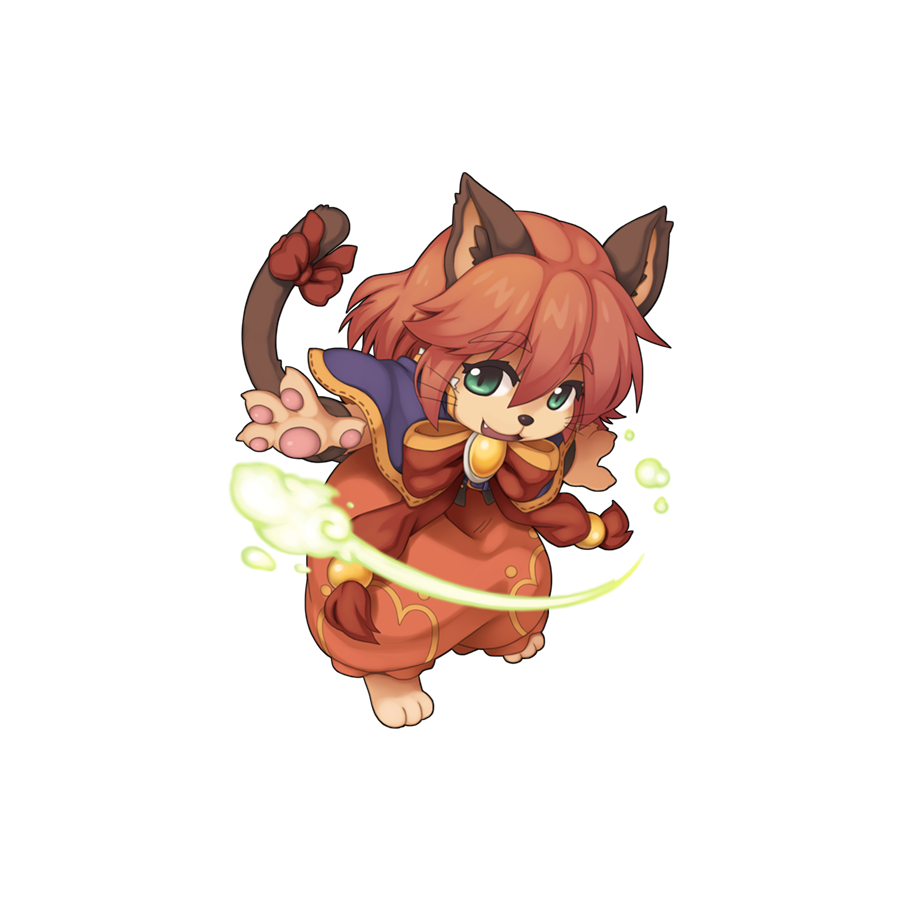 1girl animal_ears barefoot blush bow bowtie capelet cat_ears cat_girl cat_tail chibi dress fang flat_chest full_body furry furry_female green_eyes hair_between_eyes leaning_forward long_bangs looking_at_viewer magic official_art open_mouth orange_dress orange_hair purple_capelet ragnarok_online red_bow red_bowtie short_hair simple_background smile solo standing summoner_(ragnarok_online) tachi-e tail tail_bow tail_ornament transparent_background vambraces whiskers yuichirou