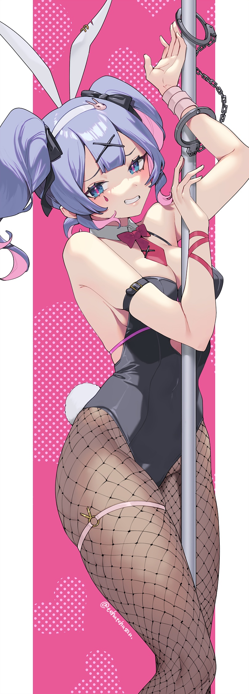 animal_ears bare_shoulders black_leotard black_ribbon bow bowtie clothing_cutout cuffs fake_animal_ears hair_ornament handcuffs hatsune_miku heart_cutout highres leotard miku_day multicolored_hair murata_tefu pantyhose pink_background pink_bow pink_bowtie pink_pupils playboy_bunny pole rabbit_hole_(vocaloid) ribbon sidelocks stomach_cutout stripper_pole teardrop_facial_mark thigh_strap thighs twintails vocaloid x_hair_ornament