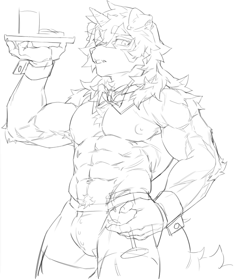 2024 abs anthro areola arknights bulge canid canine canis domestic_dog fur hair holding_object hung_(arknights) hypergryph long_hair male mammal muscular muscular_anthro muscular_male sketch solo studio_montagne waiter yume_mitaatode