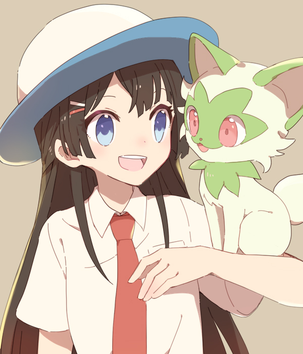 1girl :d arm_at_side arm_up blue_eyes breast_pocket brown_background brown_hair collared_shirt dot_nose hair_ornament hairpin hat long_hair looking_at_animal necktie nijisanji open_mouth pocket pokemon pokemon_(creature) red_necktie school_uniform shirt short_sleeves sidelocks simple_background smile solo sou_(tuhut) sprigatito straight_hair teeth tsukino_mito upper_body upper_teeth_only virtual_youtuber white_headwear white_shirt